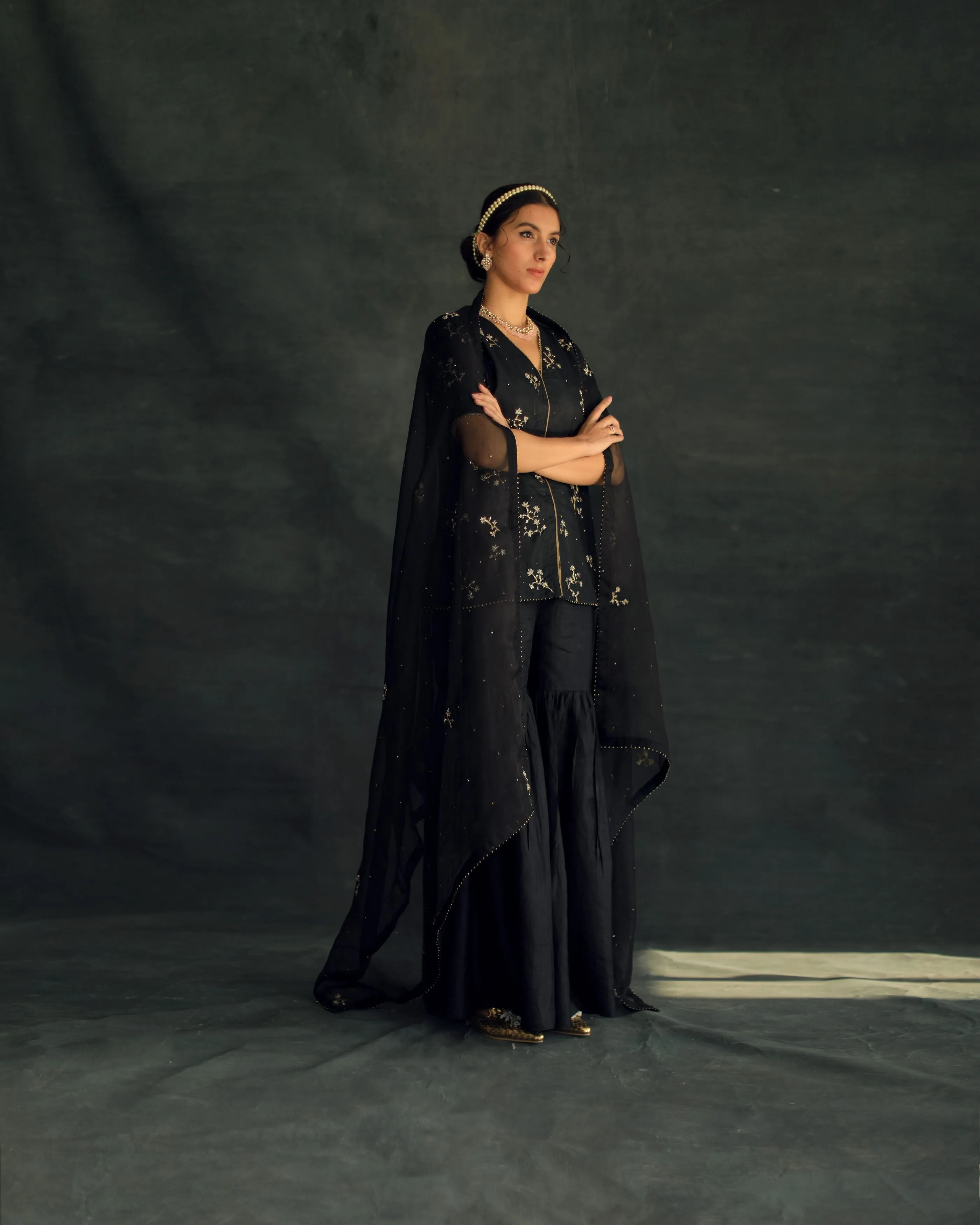 Shikha Mehta Samantha Black Veru Silk Sharara Set Silk Silk Organza Black Hana Ss21F-Vs