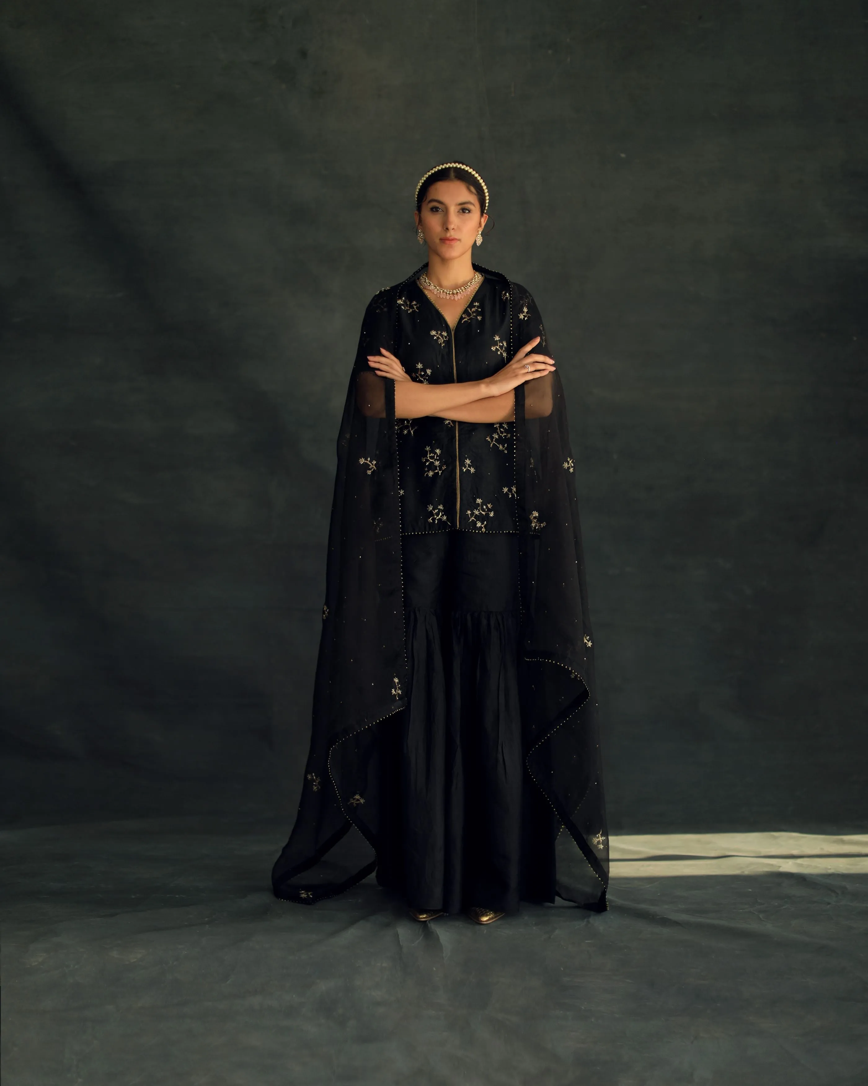 Shikha Mehta Samantha Black Veru Silk Sharara Set Silk Silk Organza Black Hana Ss21F-Vs