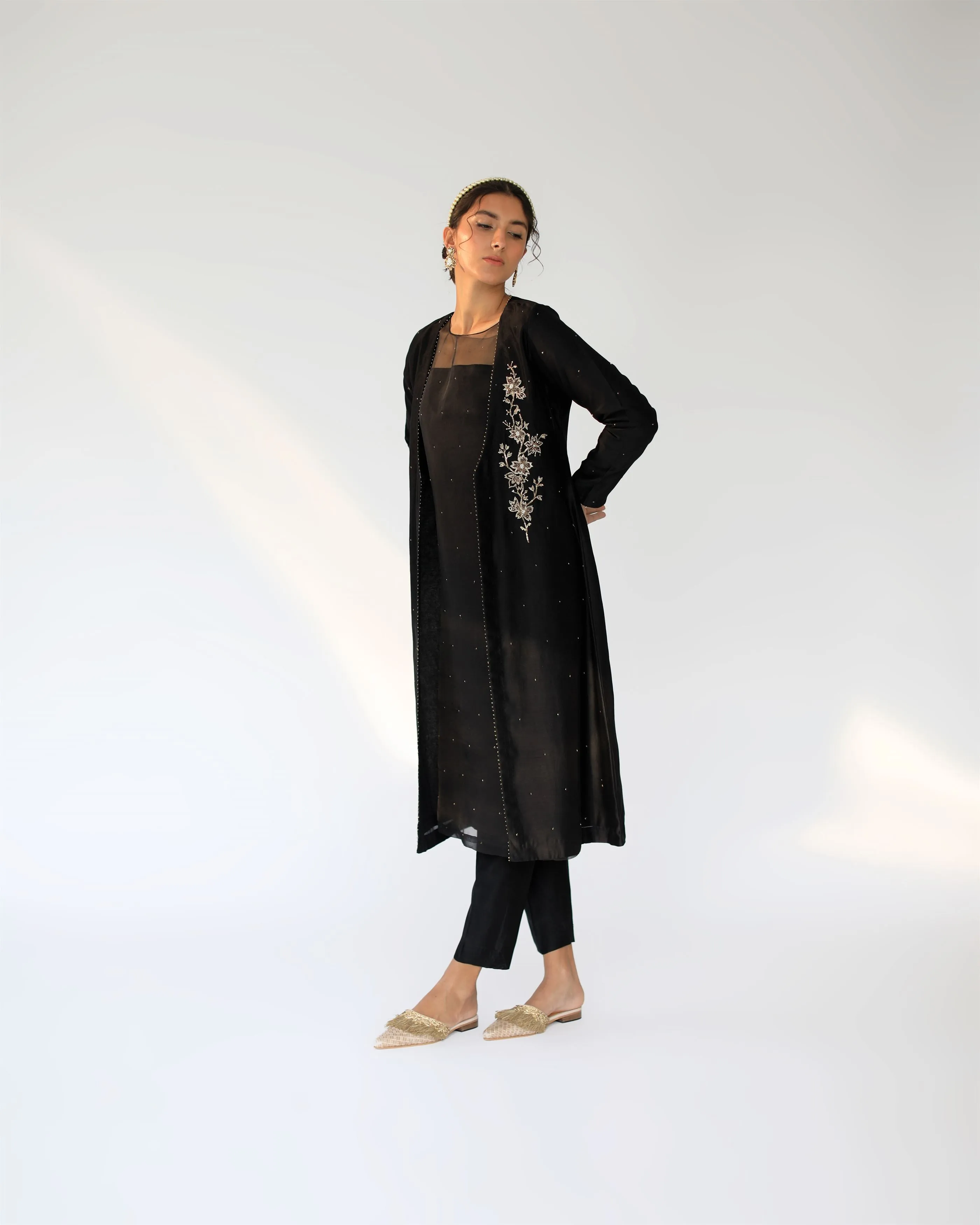 Shikha Mehta Simone Black Alvin Jacket Set Silk Chanderi Silk Organza Black Hana Ss21F-Aj