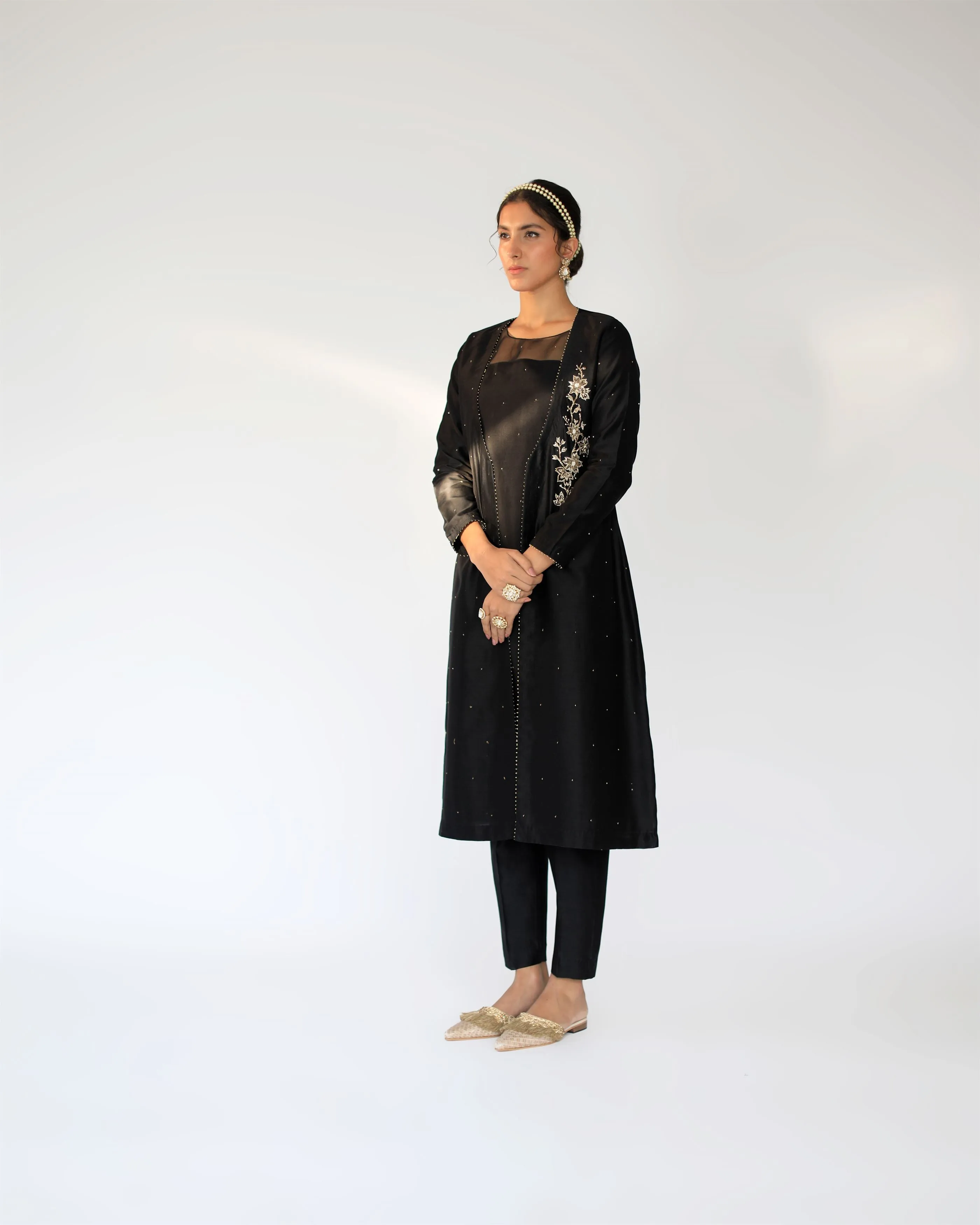 Shikha Mehta Simone Black Alvin Jacket Set Silk Chanderi Silk Organza Black Hana Ss21F-Aj