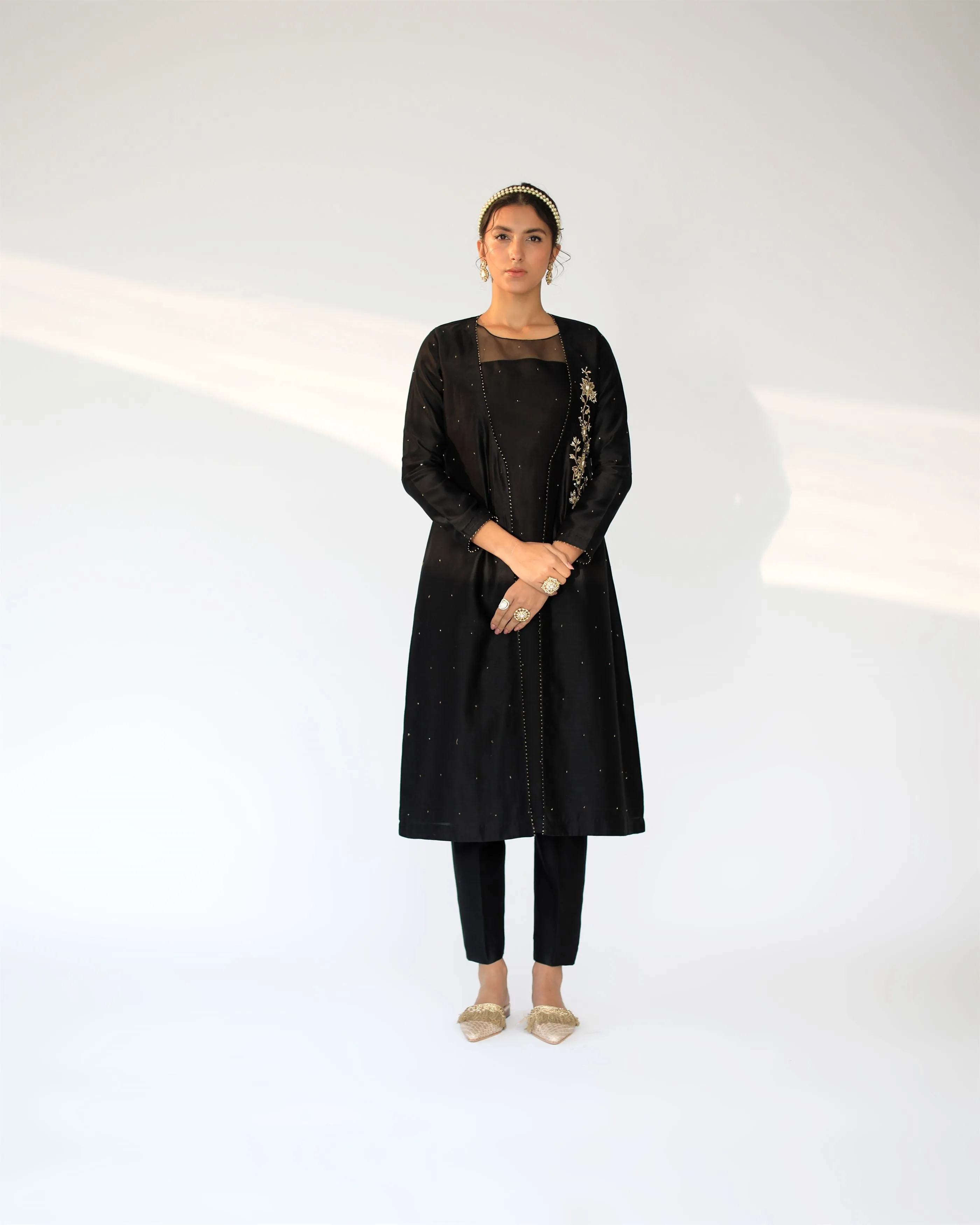 Shikha Mehta Simone Black Alvin Jacket Set Silk Chanderi Silk Organza Black Hana Ss21F-Aj