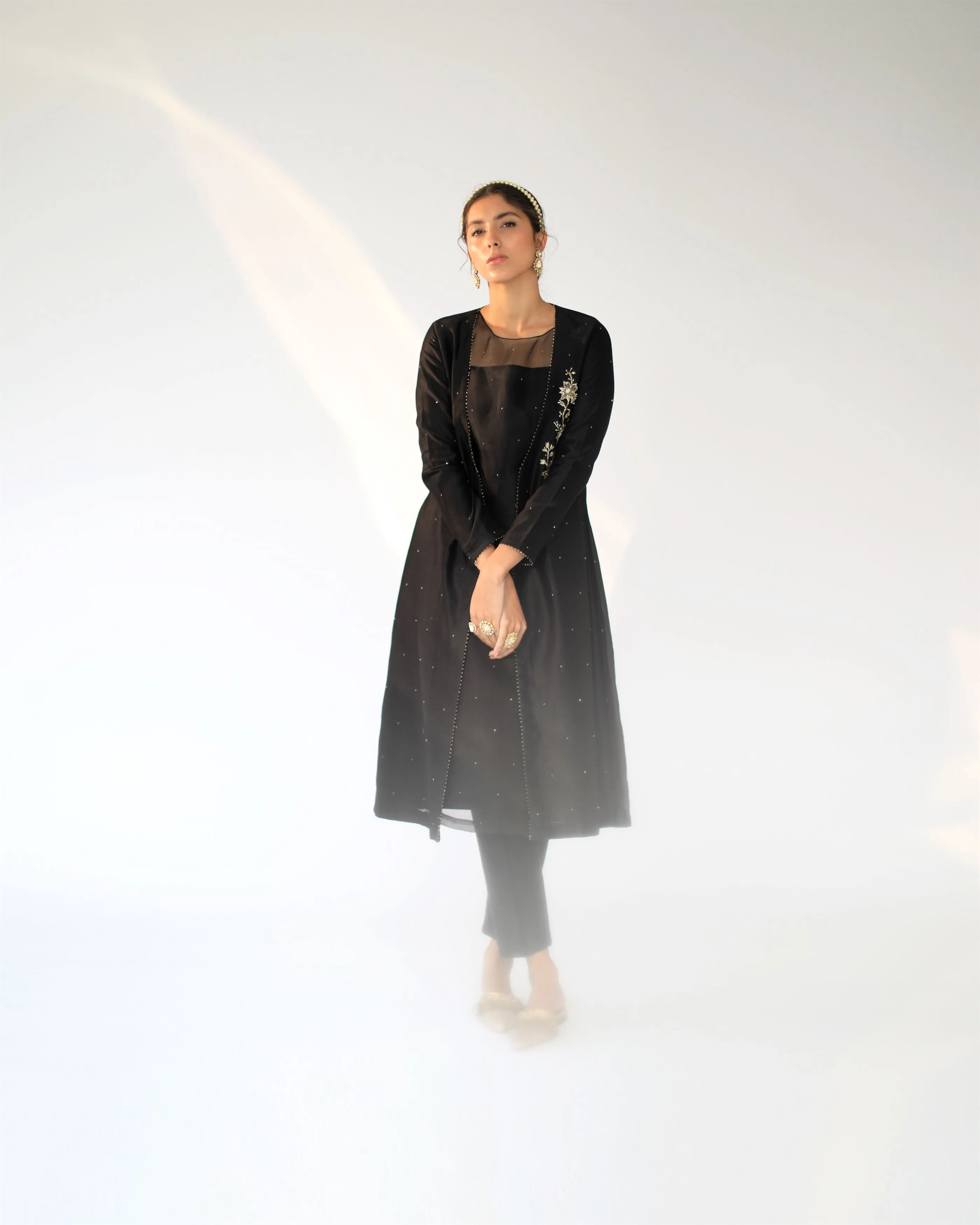 Shikha Mehta Simone Black Alvin Jacket Set Silk Chanderi Silk Organza Black Hana Ss21F-Aj