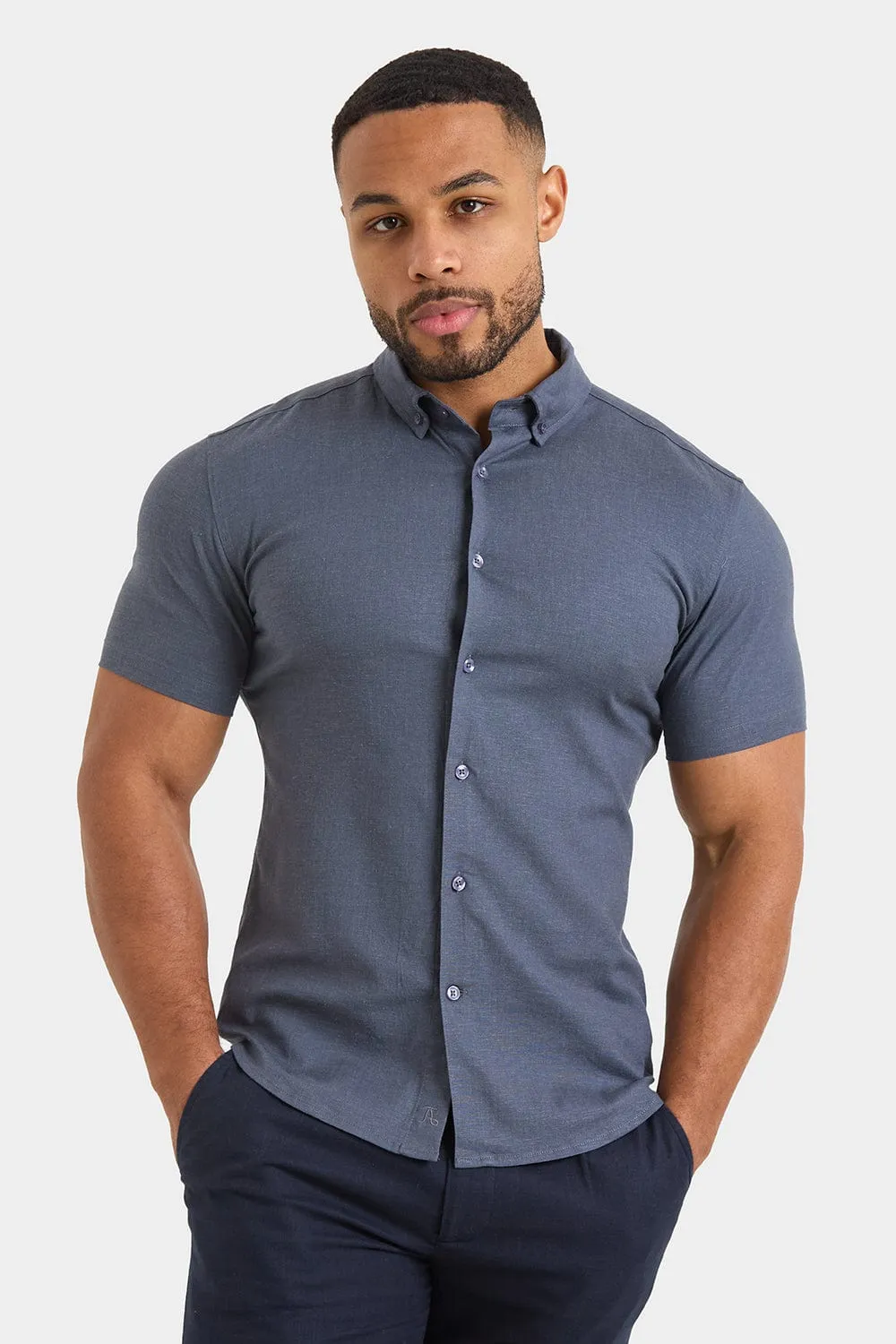 Short Sleeve Linen Blend Shirt in Denim