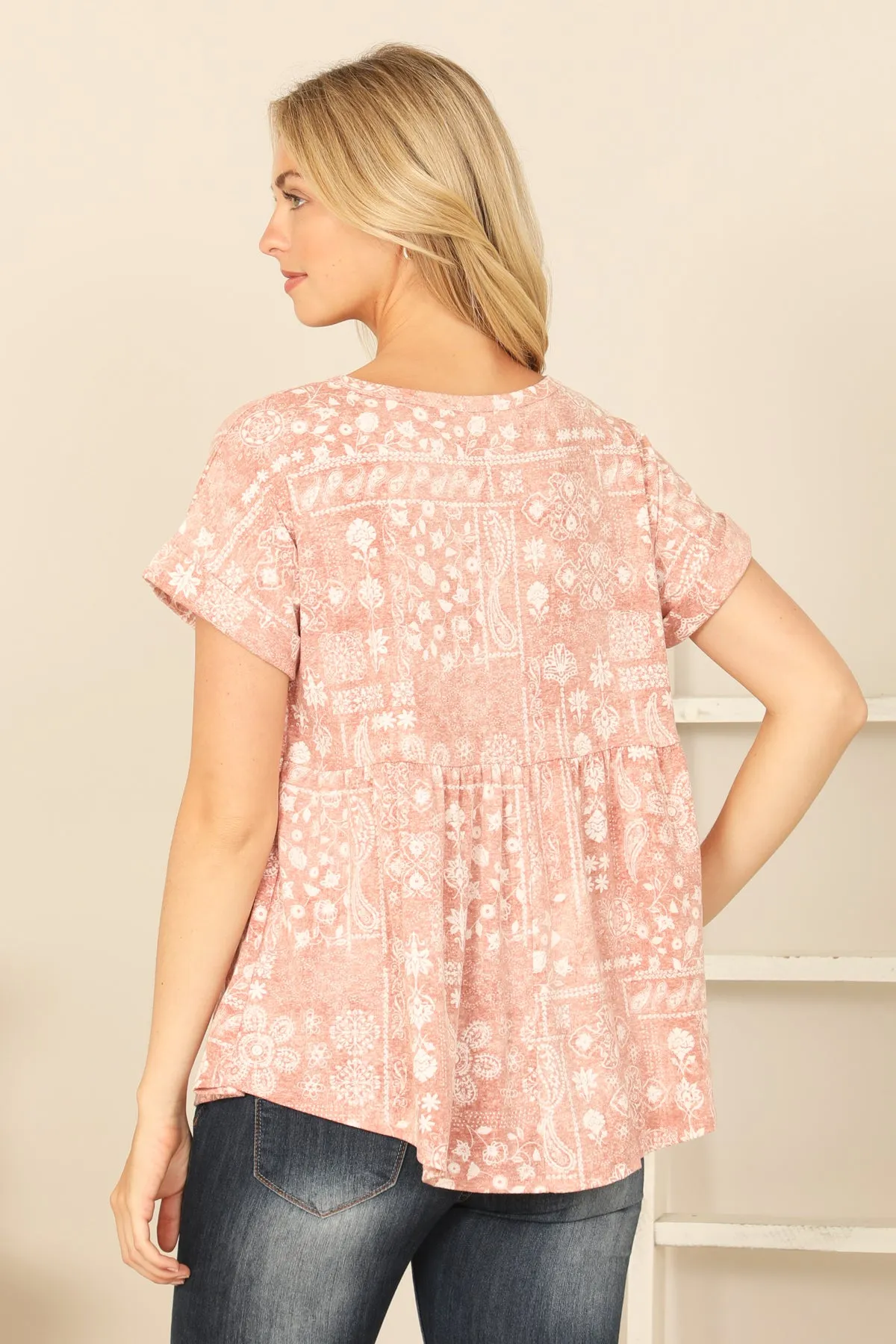 SHORT SLEEVE PLEATED WAIST PRINTED TOP