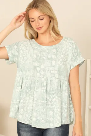 SHORT SLEEVE PLEATED WAIST PRINTED TOP