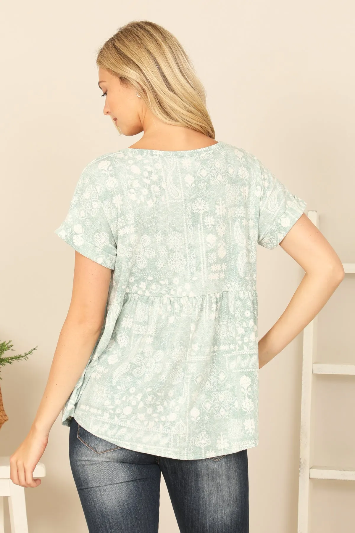 SHORT SLEEVE PLEATED WAIST PRINTED TOP