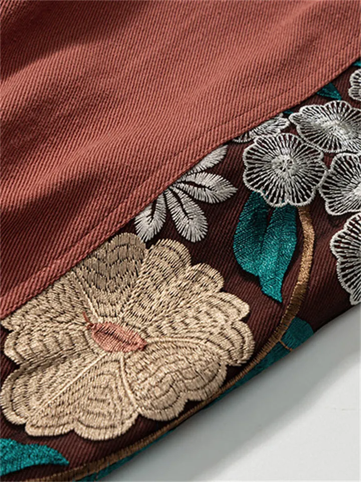 Side Floral Embroidery Elastic Waist Vintage Pants for Men