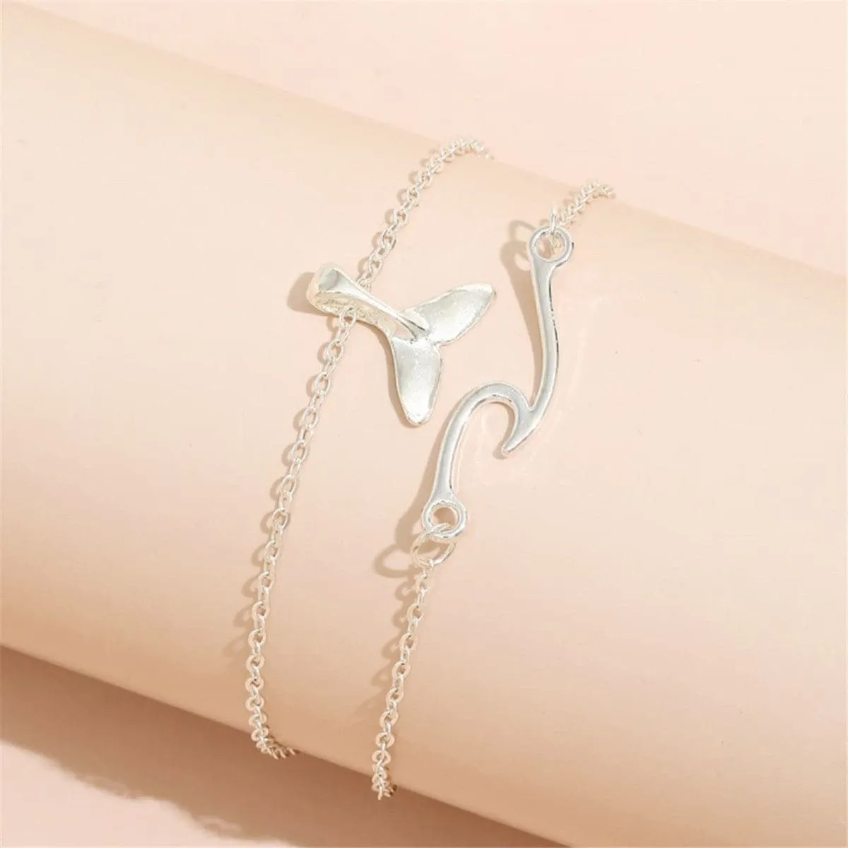 Silver-Plated Fishtail Charm Anklet & Wave Charm Anklet