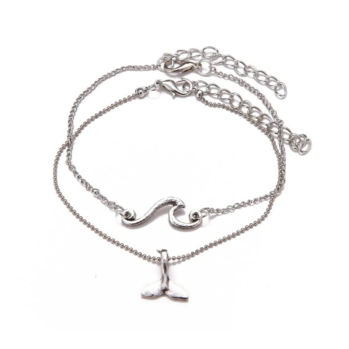 Silver-Plated Fishtail Charm Anklet & Wave Charm Anklet