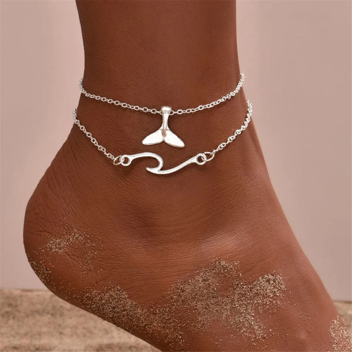 Silver-Plated Fishtail Charm Anklet & Wave Charm Anklet