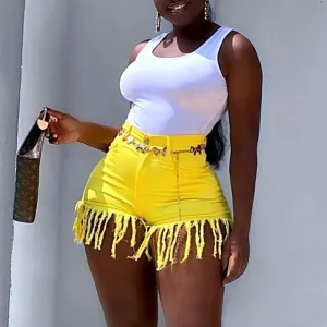 Solid High Waist Tassel Design Shorts