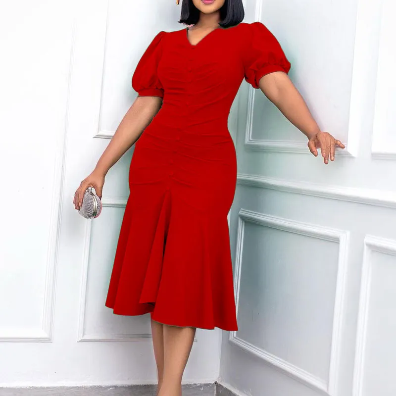 Solid Puff Sleeve Button Detailed Fishtail Midi Dress