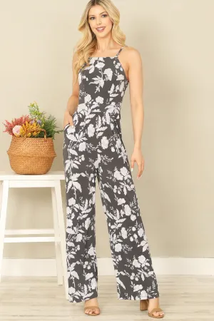 SPAGHETTI STRAP SIDE POCKET FLORAL JUMPSUIT