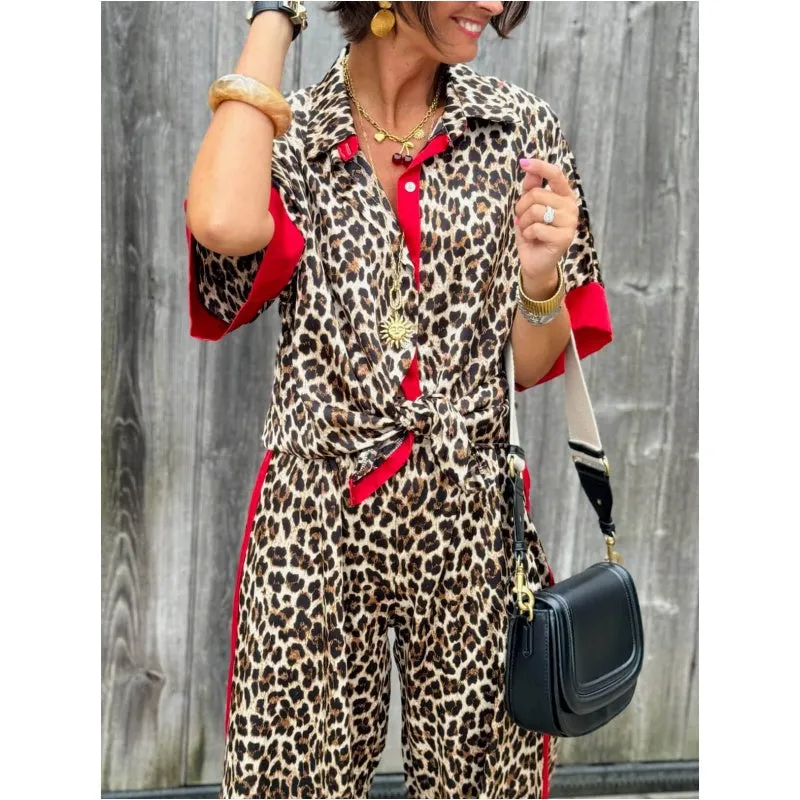 🌸Spring Hot Sale 50% OFF💐Leopard Print Color Block Short Sleeve Loose Shirt and Elastic Waist Pocket Pants Set