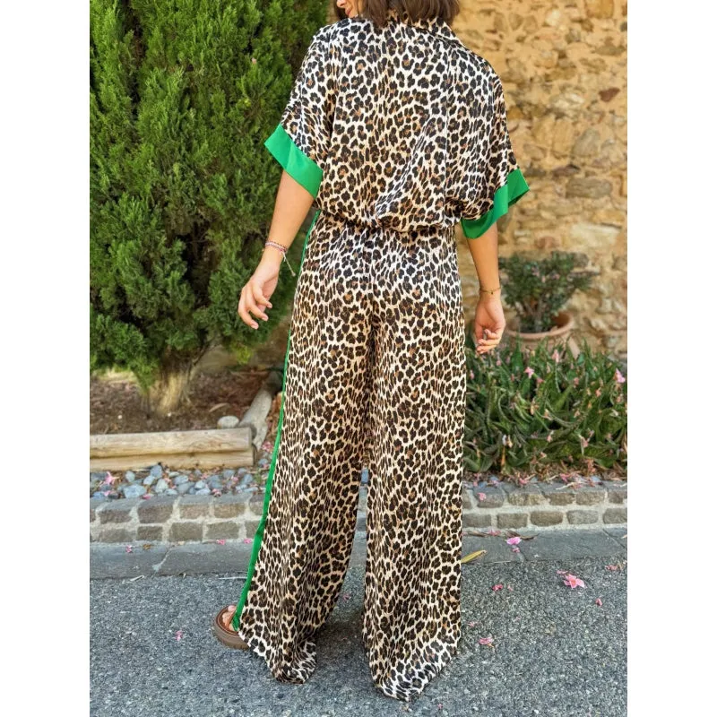 🌸Spring Hot Sale 50% OFF💐Leopard Print Color Block Short Sleeve Loose Shirt and Elastic Waist Pocket Pants Set