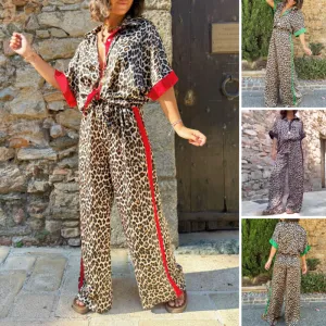 🌸Spring Hot Sale 50% OFF💐Leopard Print Color Block Short Sleeve Loose Shirt and Elastic Waist Pocket Pants Set