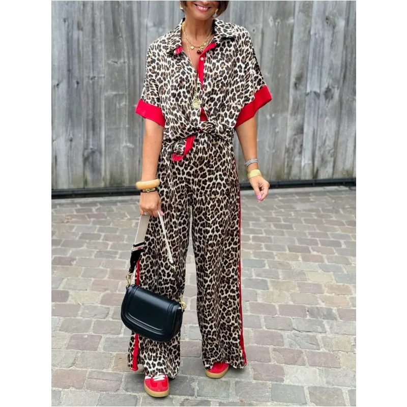 🌸Spring Hot Sale 50% OFF💐Leopard Print Color Block Short Sleeve Loose Shirt and Elastic Waist Pocket Pants Set