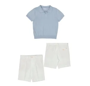 SS25 Mayoral - Light Blue Polo Top and Cream Linen Bermuda Short Set