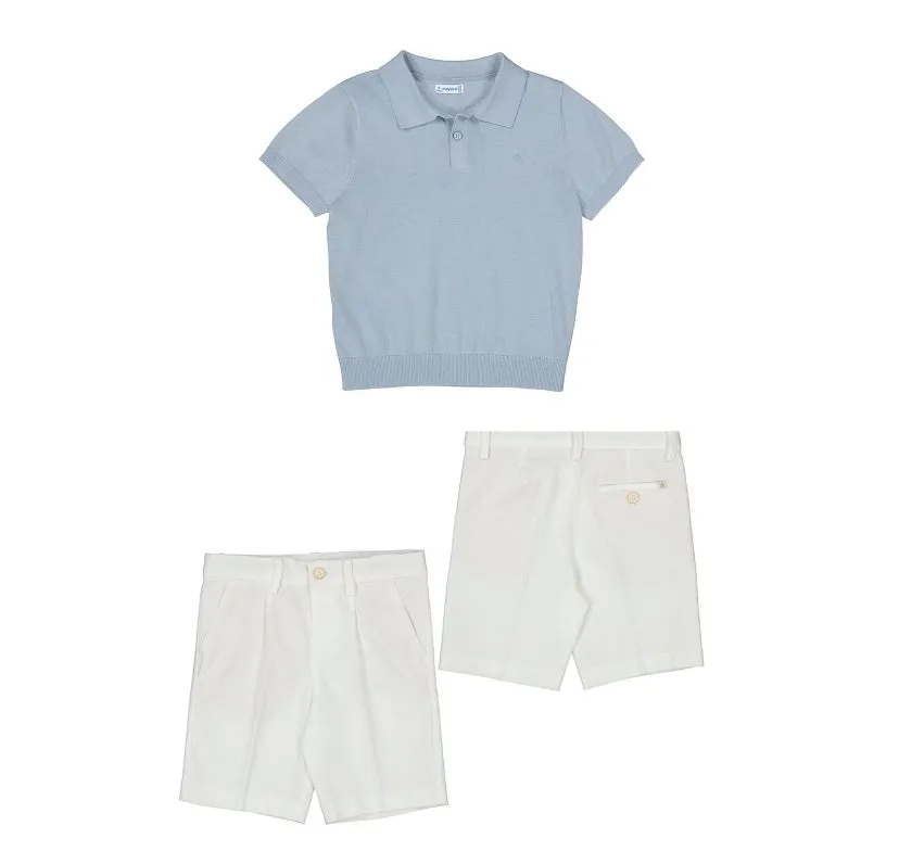 SS25 Mayoral - Light Blue Polo Top and Cream Linen Bermuda Short Set