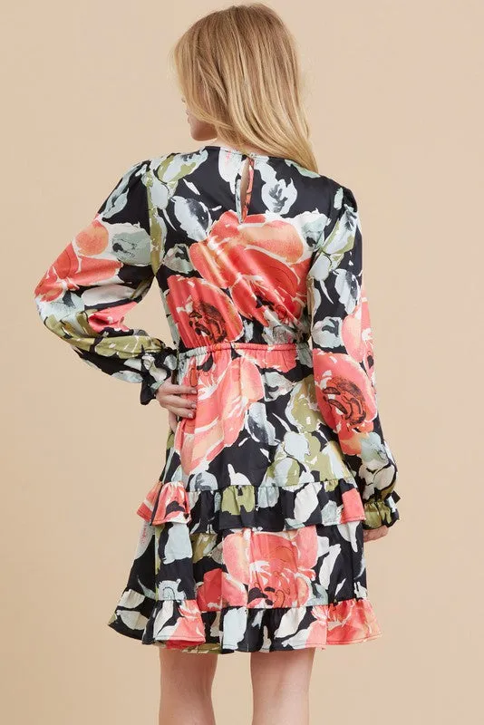 Stella Satin Flower Print Drawstring Dress