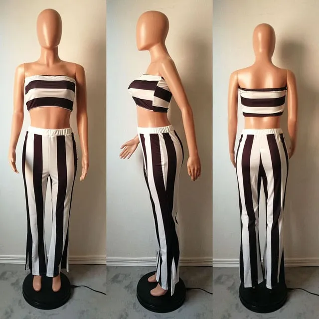 Striped Crop Top and Flare Pants Birthday Matching Suit 2 Piece Set