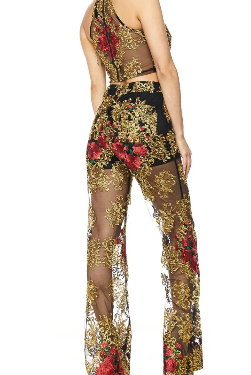 Top &  pants  red & gold set