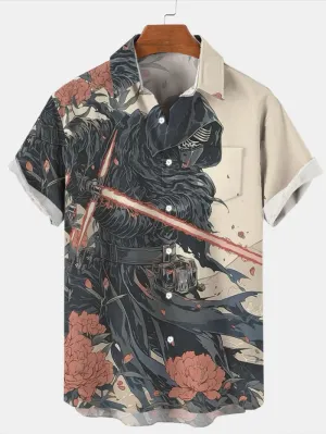 Trendy Samurai Print Short Sleeve Shirt