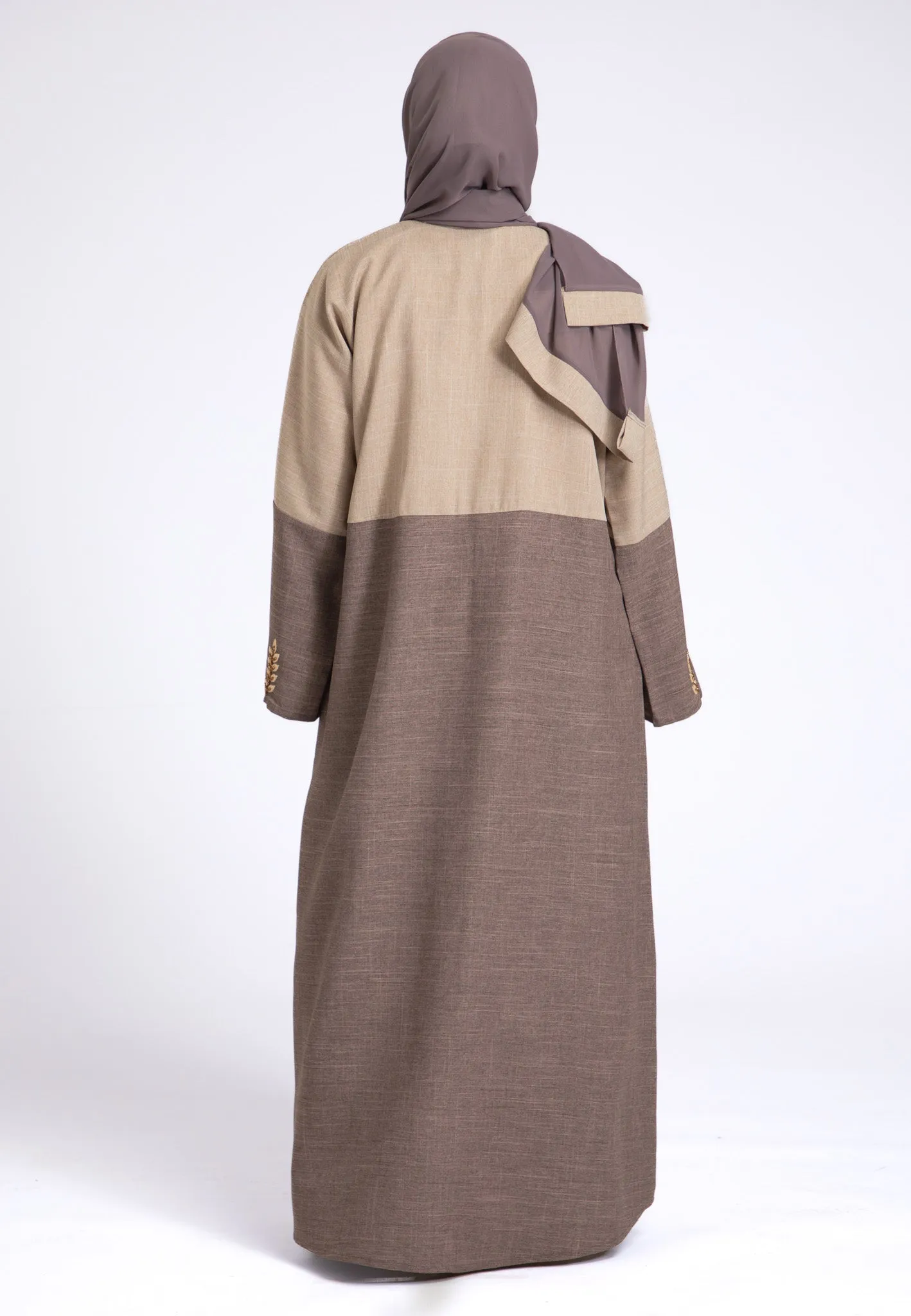 Two Toned Fawn & Taupe Linen Open Abaya (Premium)