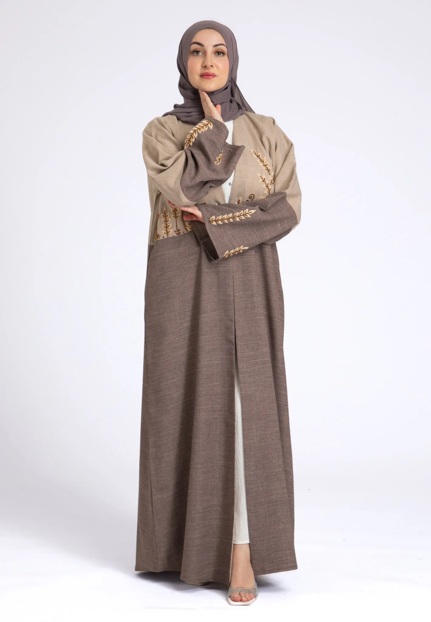 Two Toned Fawn & Taupe Linen Open Abaya (Premium)