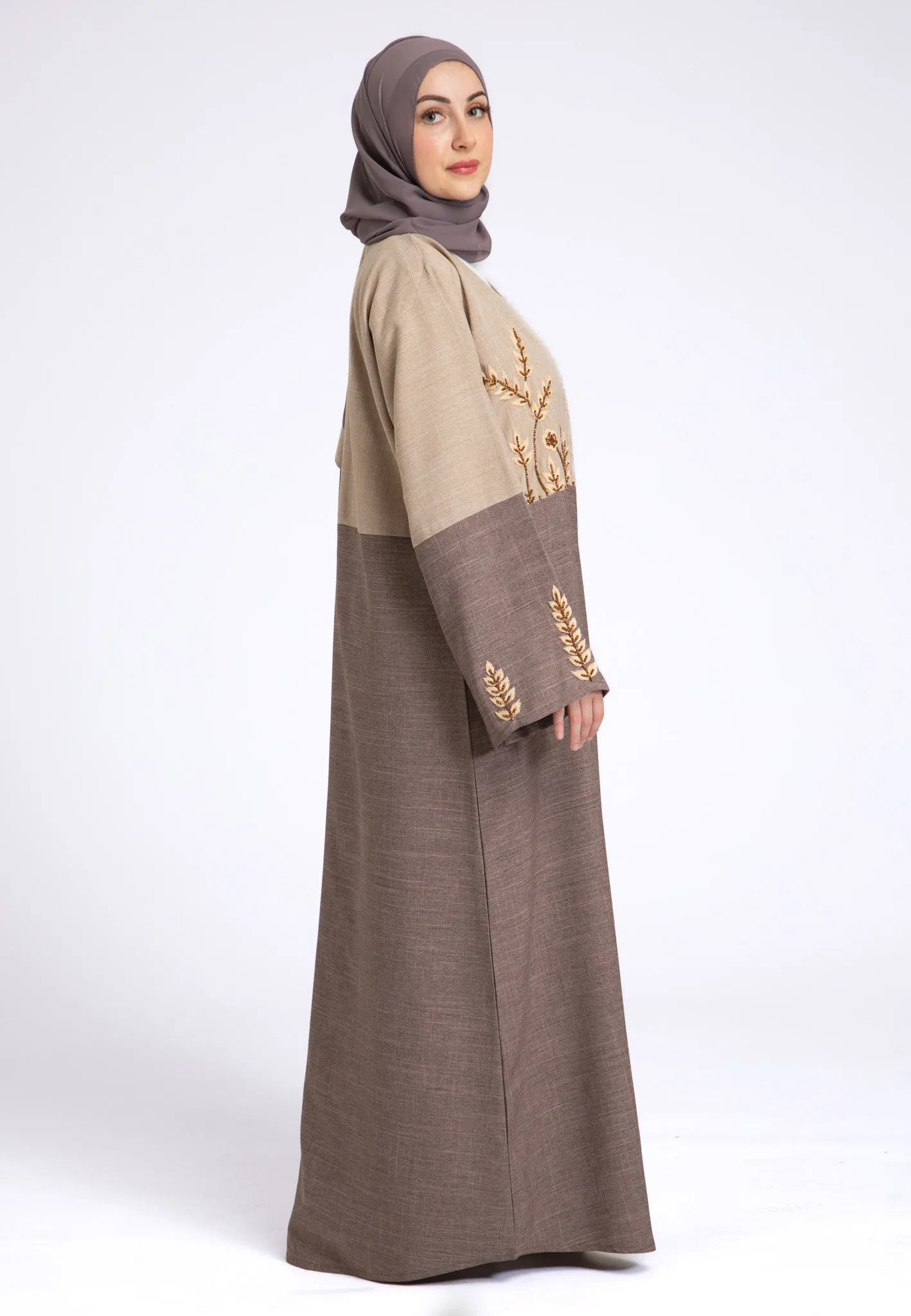 Two Toned Fawn & Taupe Linen Open Abaya (Premium)