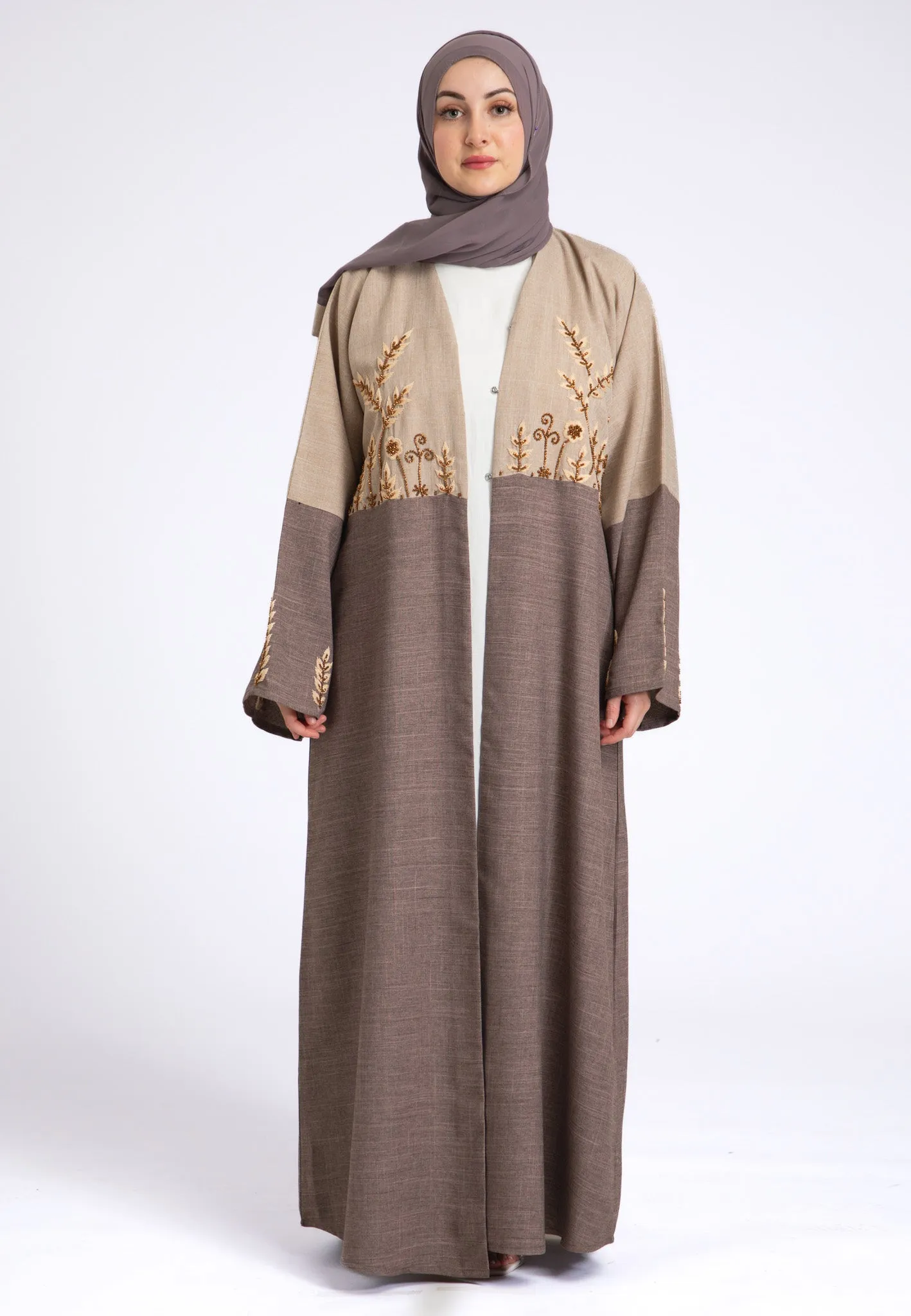 Two Toned Fawn & Taupe Linen Open Abaya (Premium)
