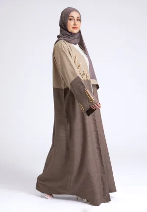 Two Toned Fawn & Taupe Linen Open Abaya (Premium)