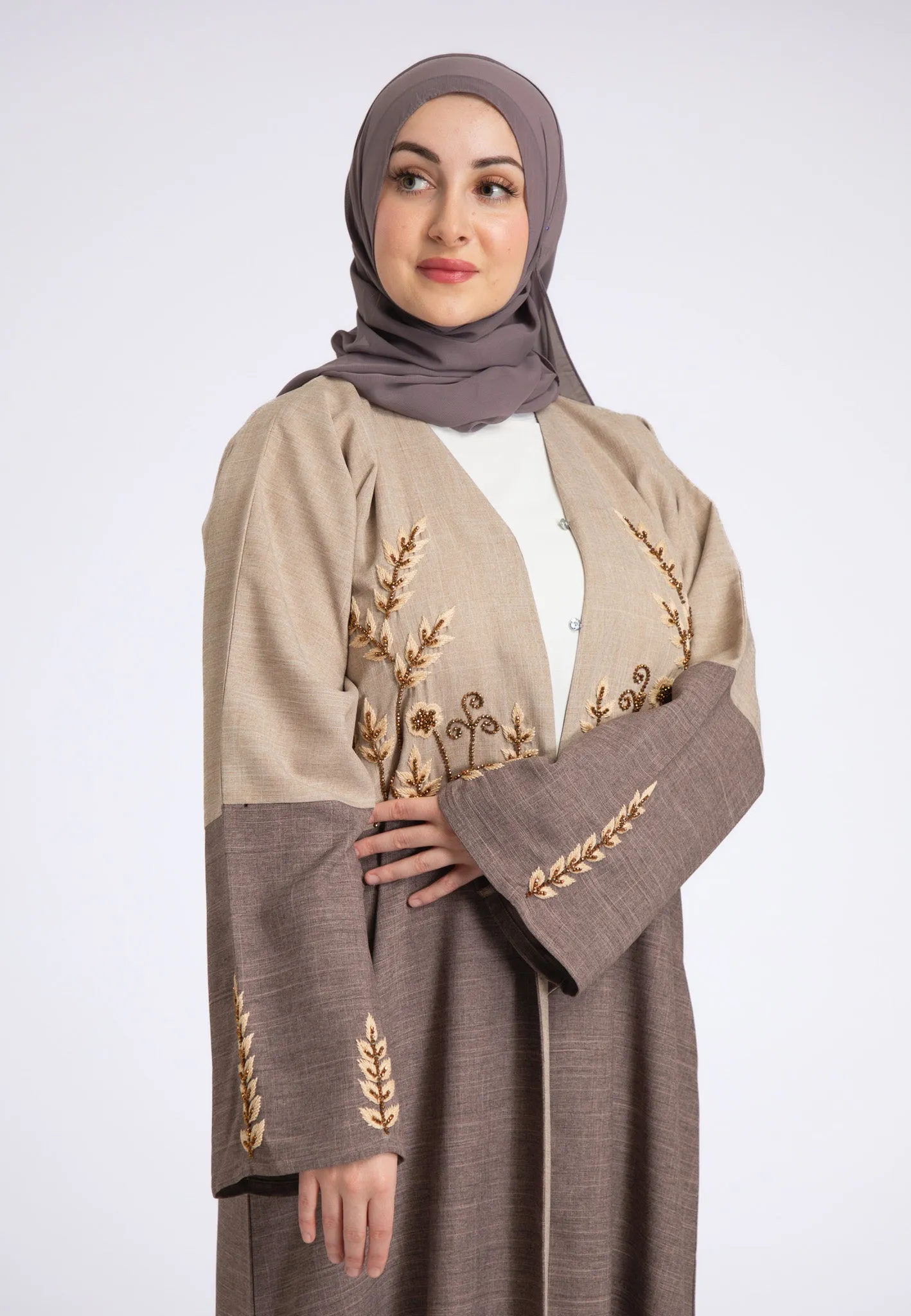 Two Toned Fawn & Taupe Linen Open Abaya (Premium)