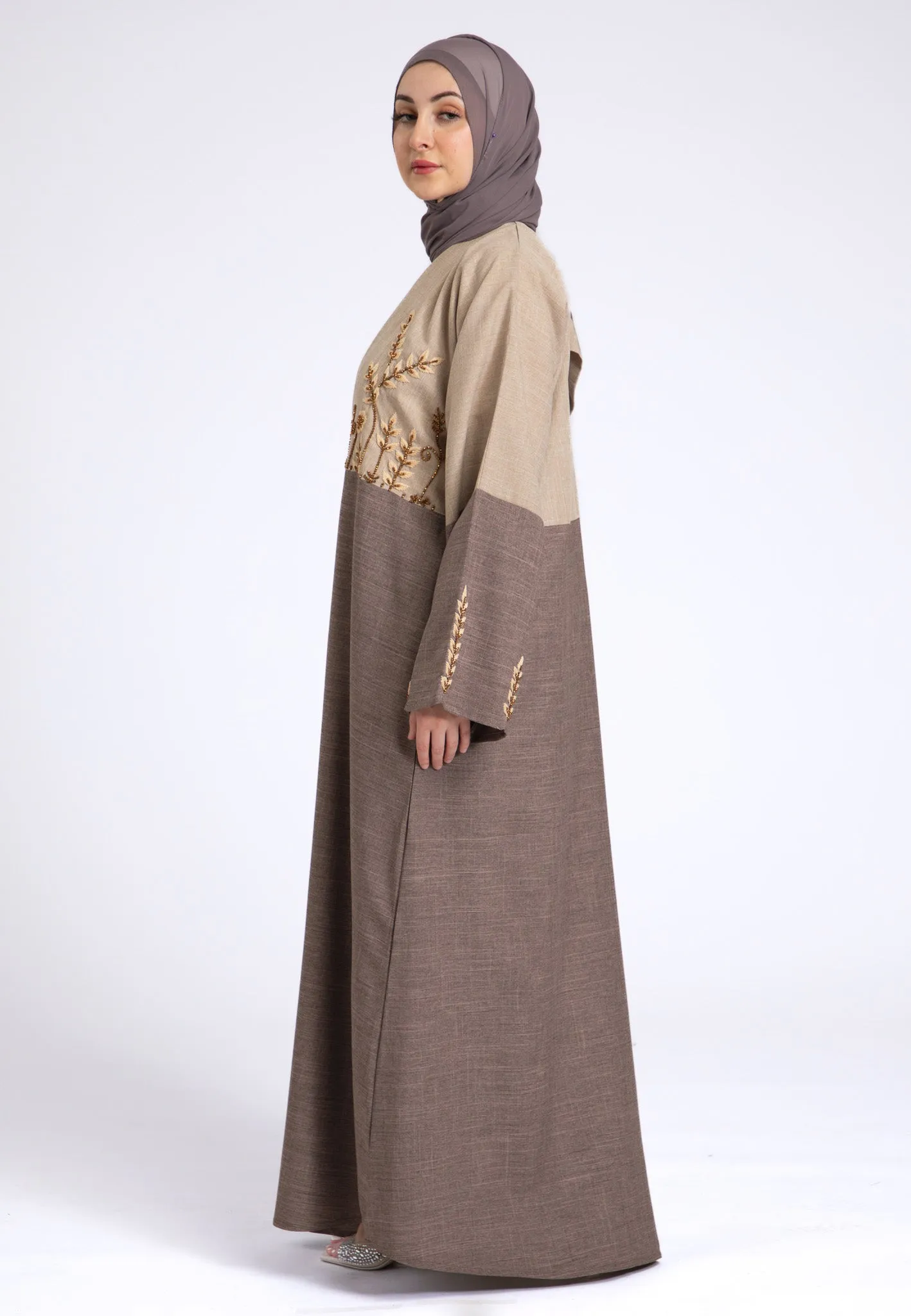 Two Toned Fawn & Taupe Linen Open Abaya (Premium)