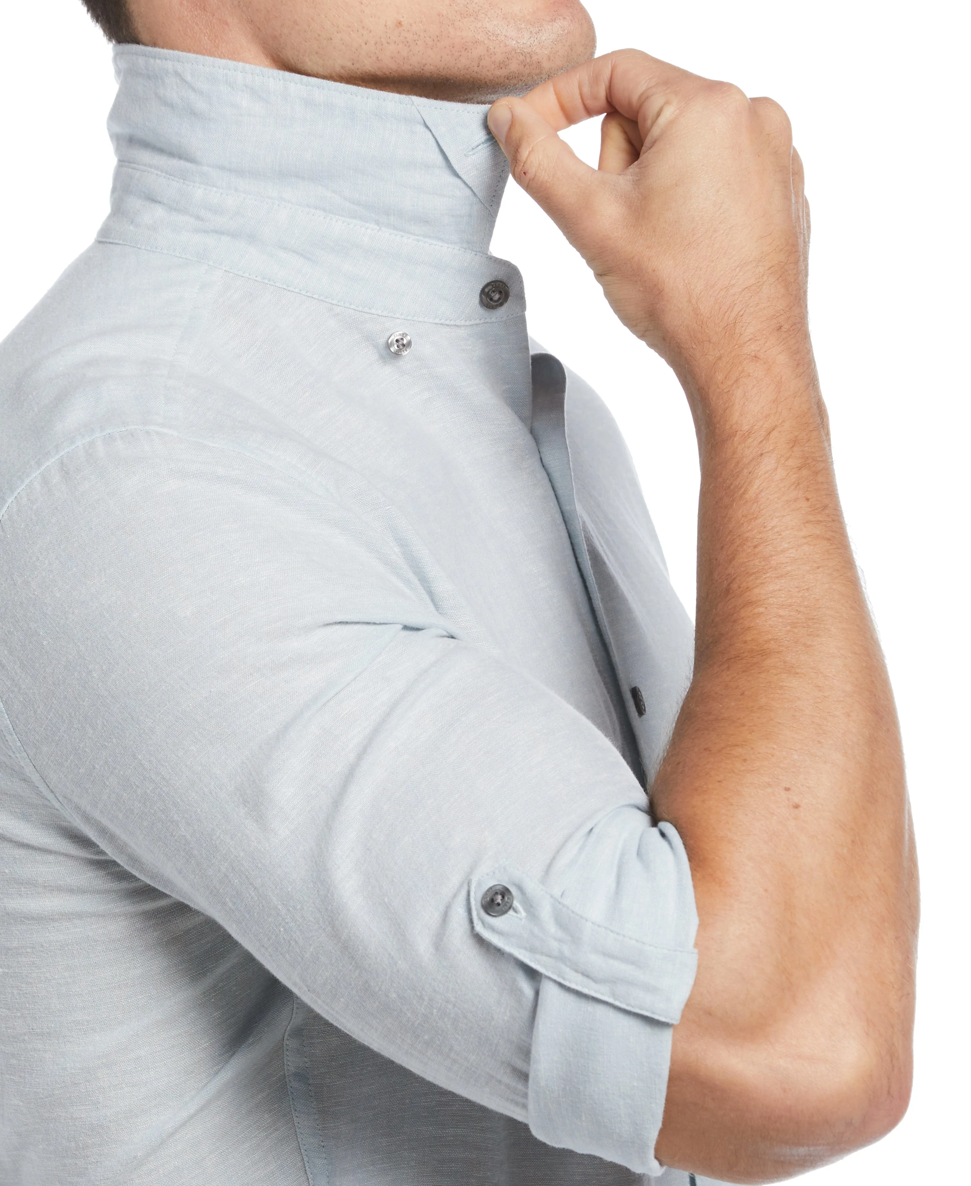 Untucked Slim Fit Linen Blend Rolled Sleeve Shirt - Blue