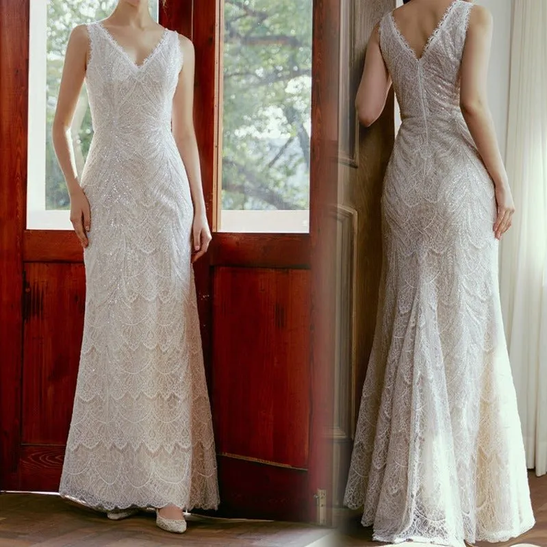 V-neck waist mermaid beaded lace light wedding dress