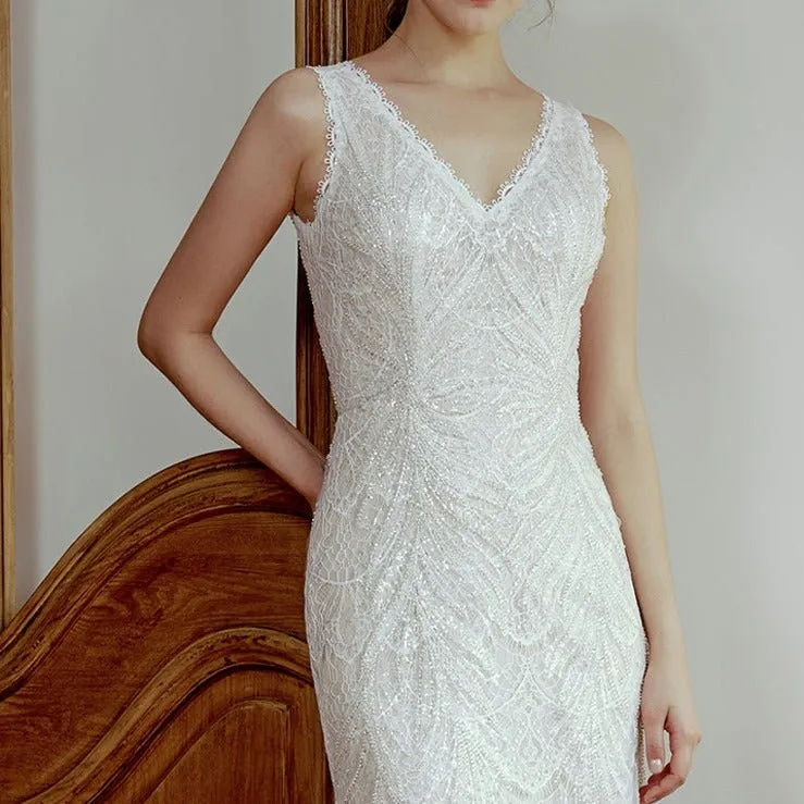 V-neck waist mermaid beaded lace light wedding dress
