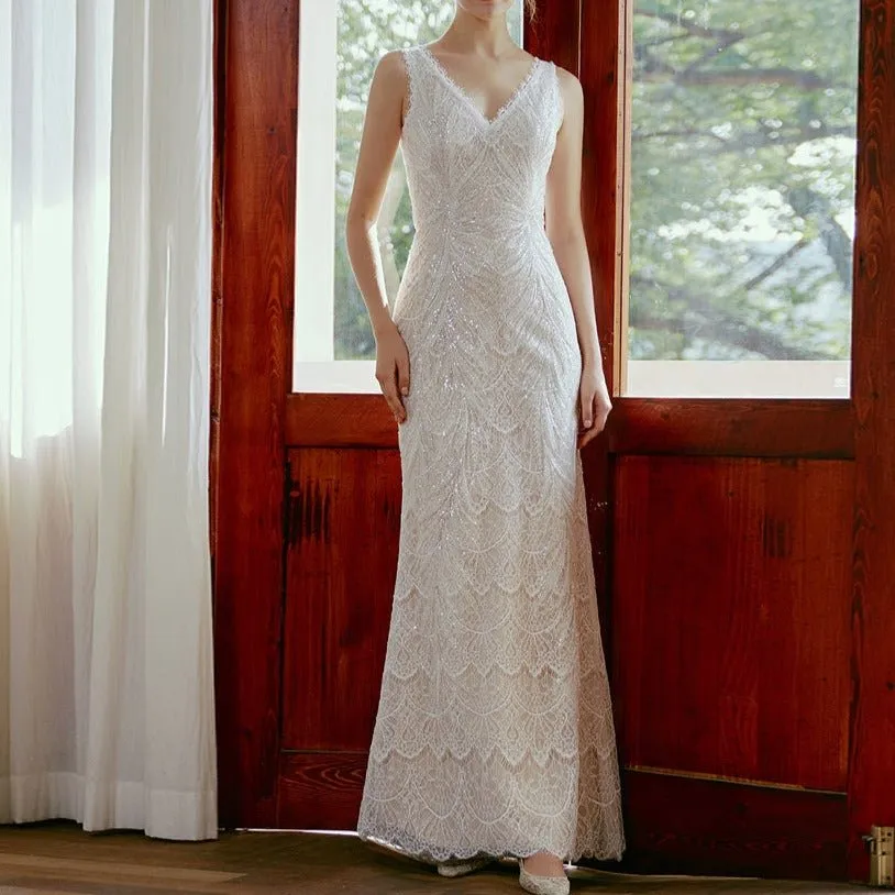 V-neck waist mermaid beaded lace light wedding dress