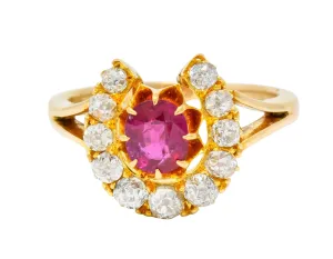 Victorian 2.10 CTW Ruby Diamond 15 Karat Gold Horseshoe Cluster Ring