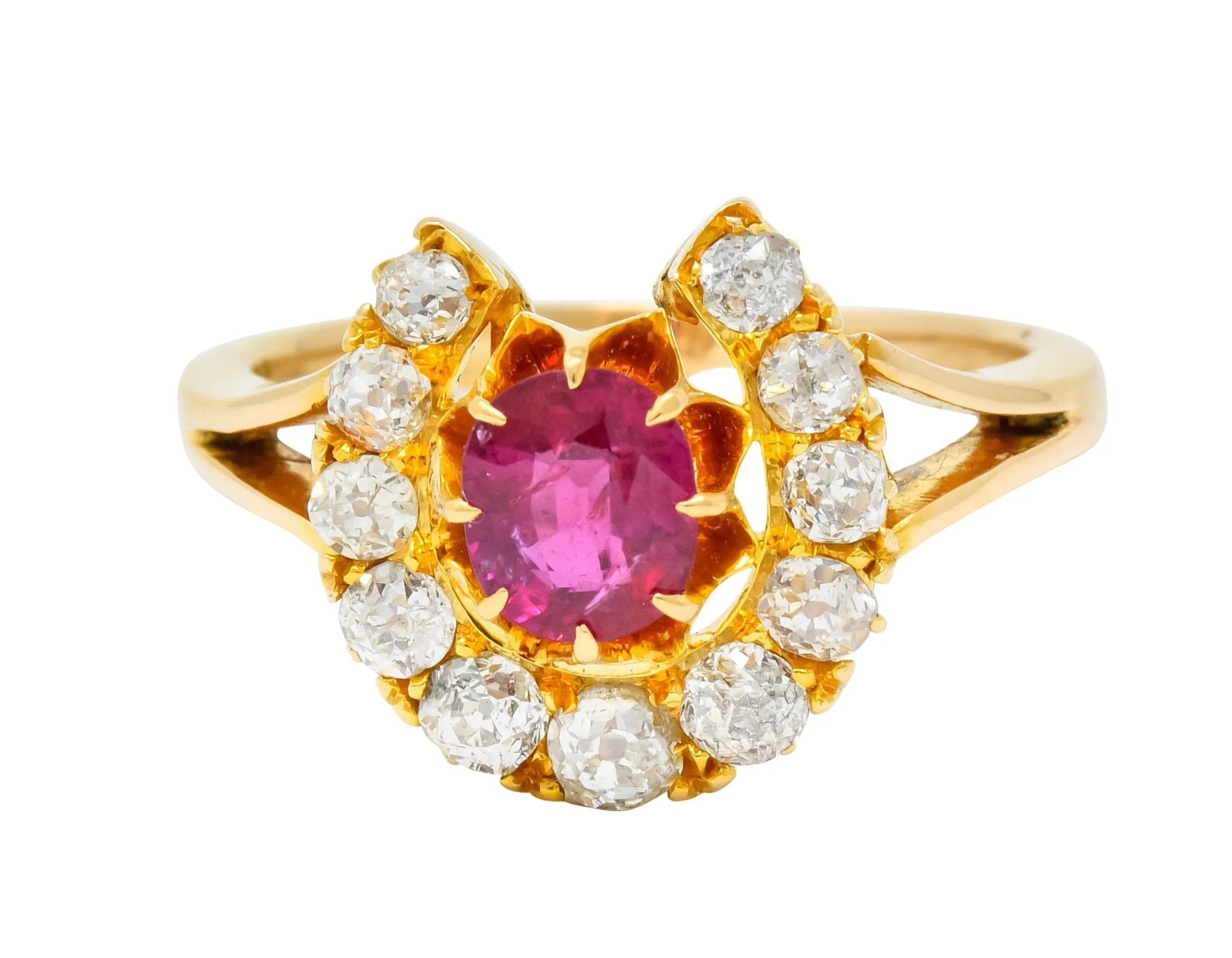 Victorian 2.10 CTW Ruby Diamond 15 Karat Gold Horseshoe Cluster Ring