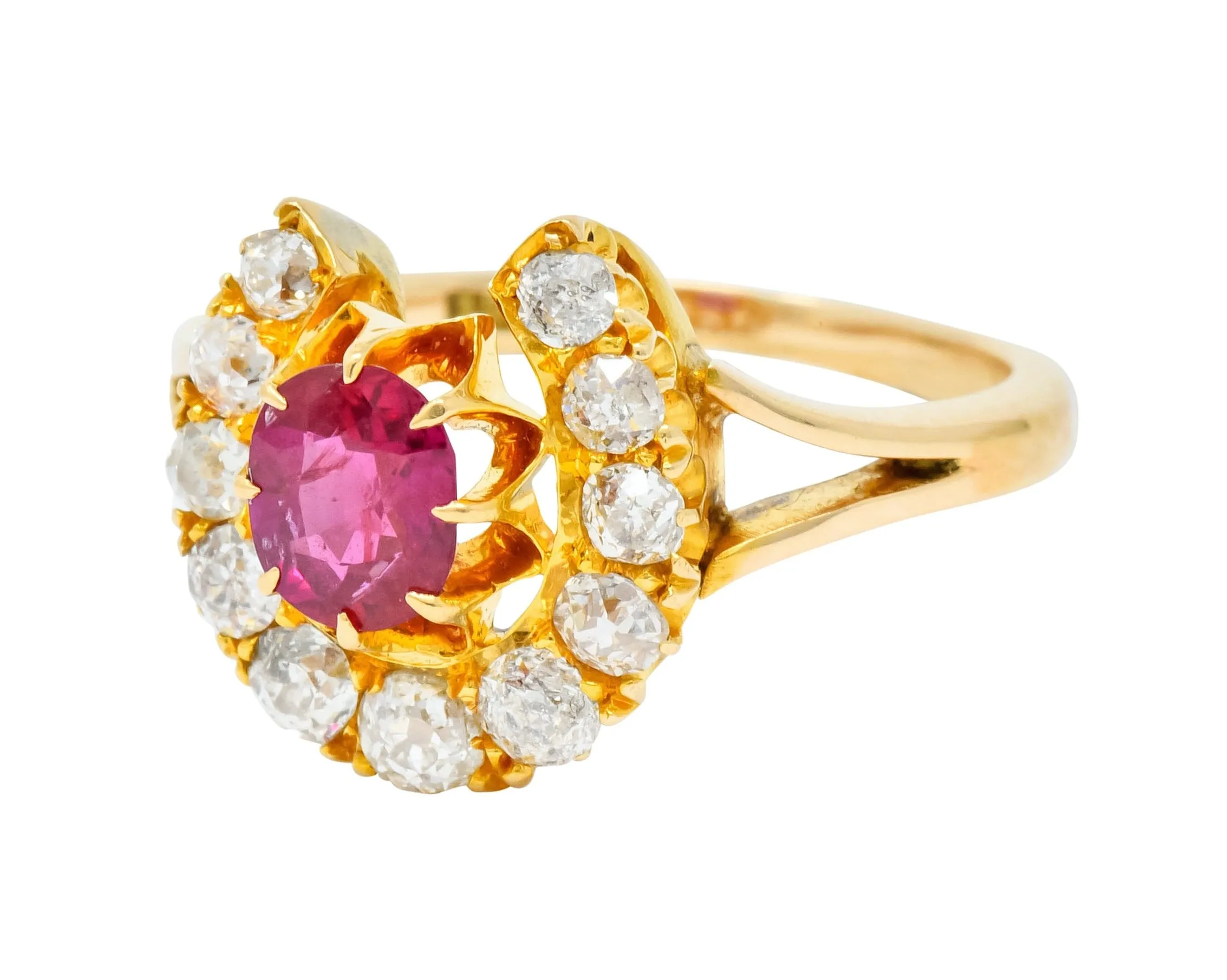Victorian 2.10 CTW Ruby Diamond 15 Karat Gold Horseshoe Cluster Ring