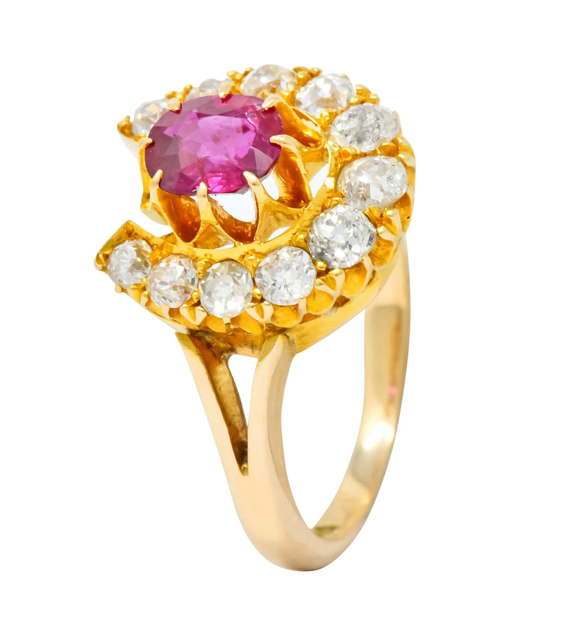 Victorian 2.10 CTW Ruby Diamond 15 Karat Gold Horseshoe Cluster Ring