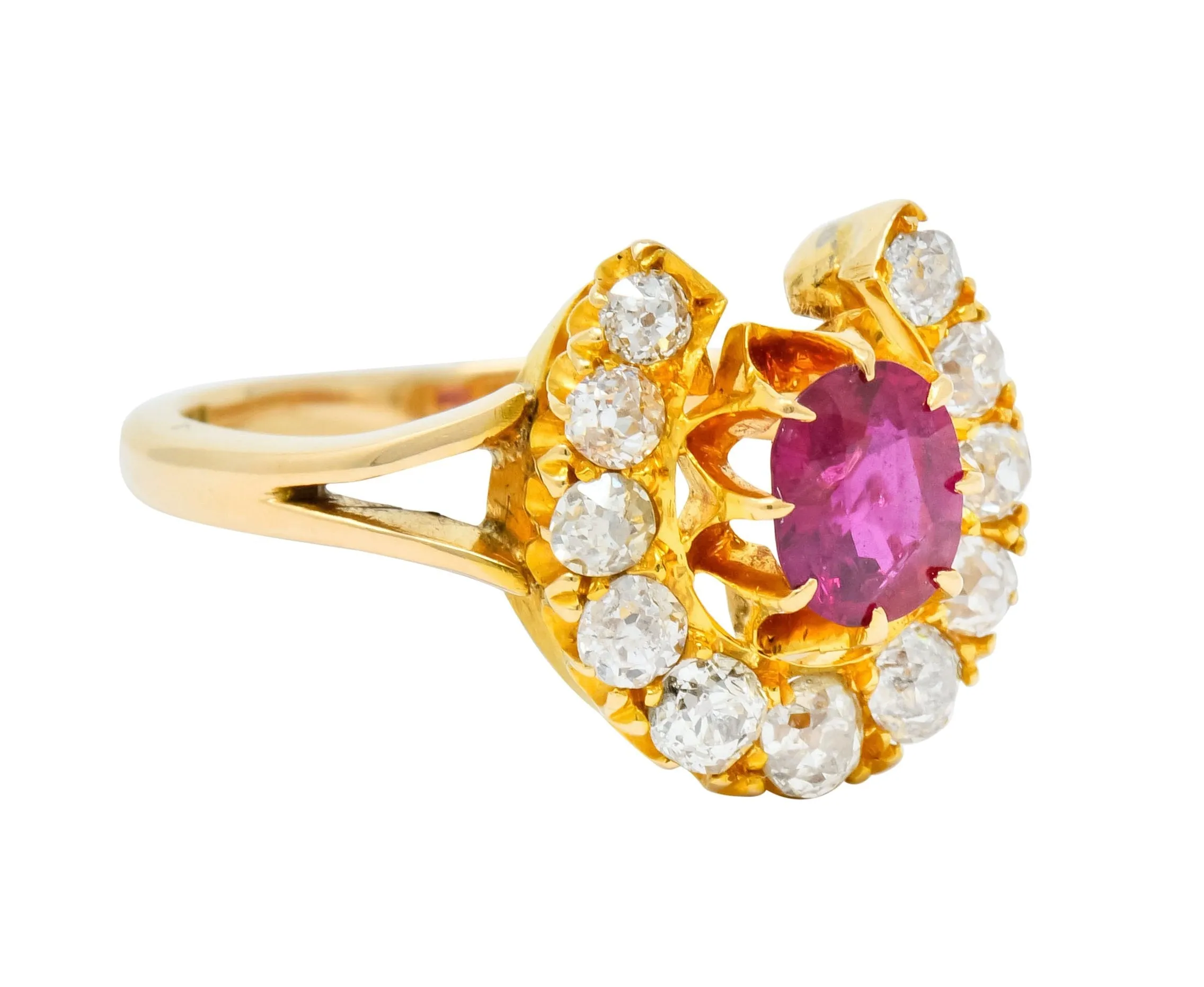 Victorian 2.10 CTW Ruby Diamond 15 Karat Gold Horseshoe Cluster Ring