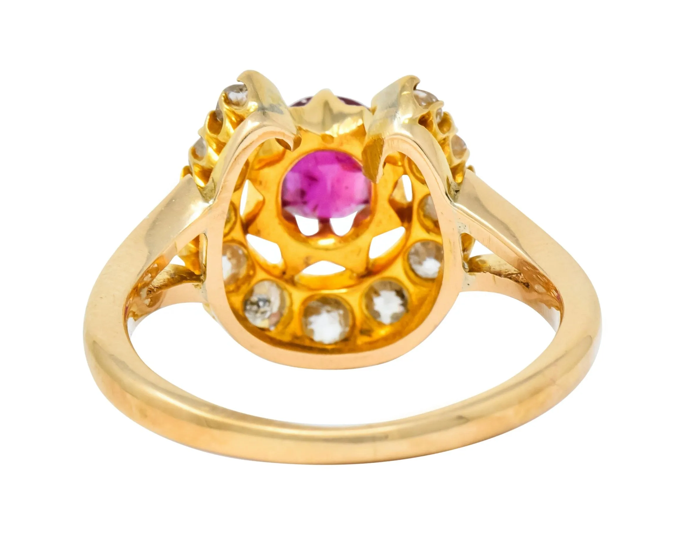 Victorian 2.10 CTW Ruby Diamond 15 Karat Gold Horseshoe Cluster Ring