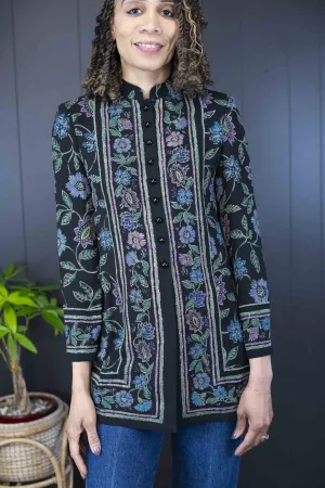 Vintage Liz Claiborne Black Floral Blouse with Mandarin Collar - Size XS