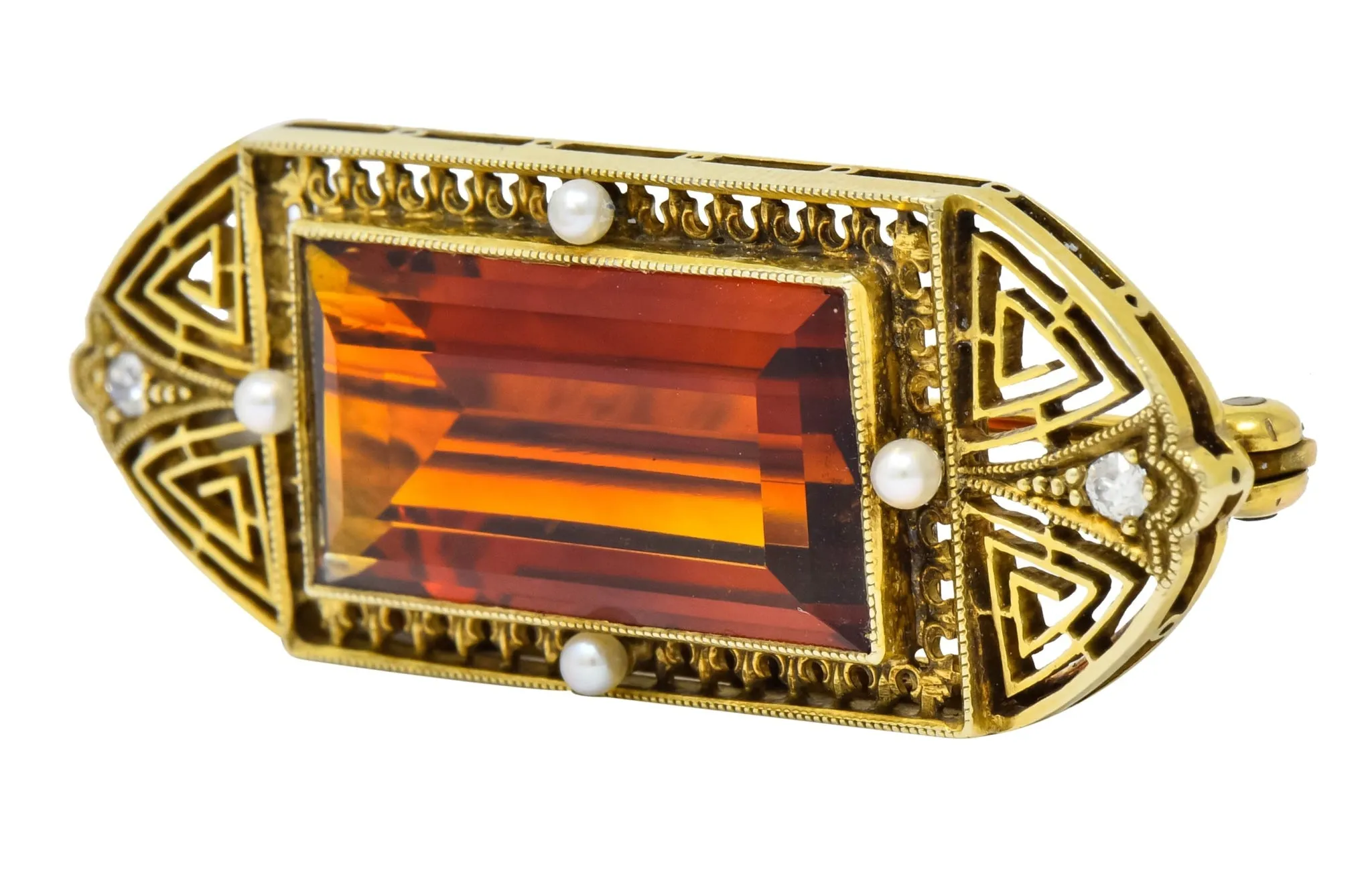 Walton & Co. Art Deco 10.46 CTW Citrine Pearl Diamond 14 Karat Gold Brooch
