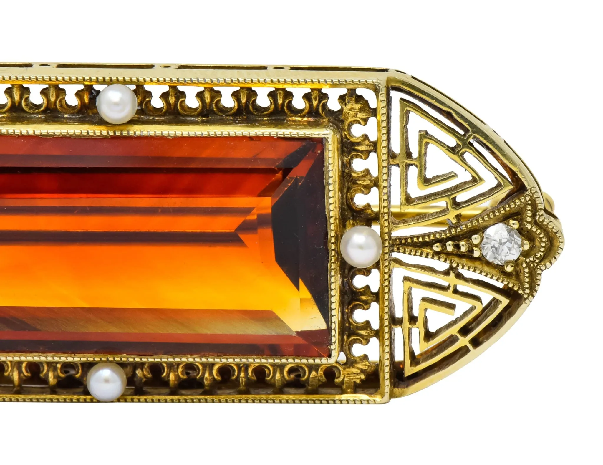 Walton & Co. Art Deco 10.46 CTW Citrine Pearl Diamond 14 Karat Gold Brooch