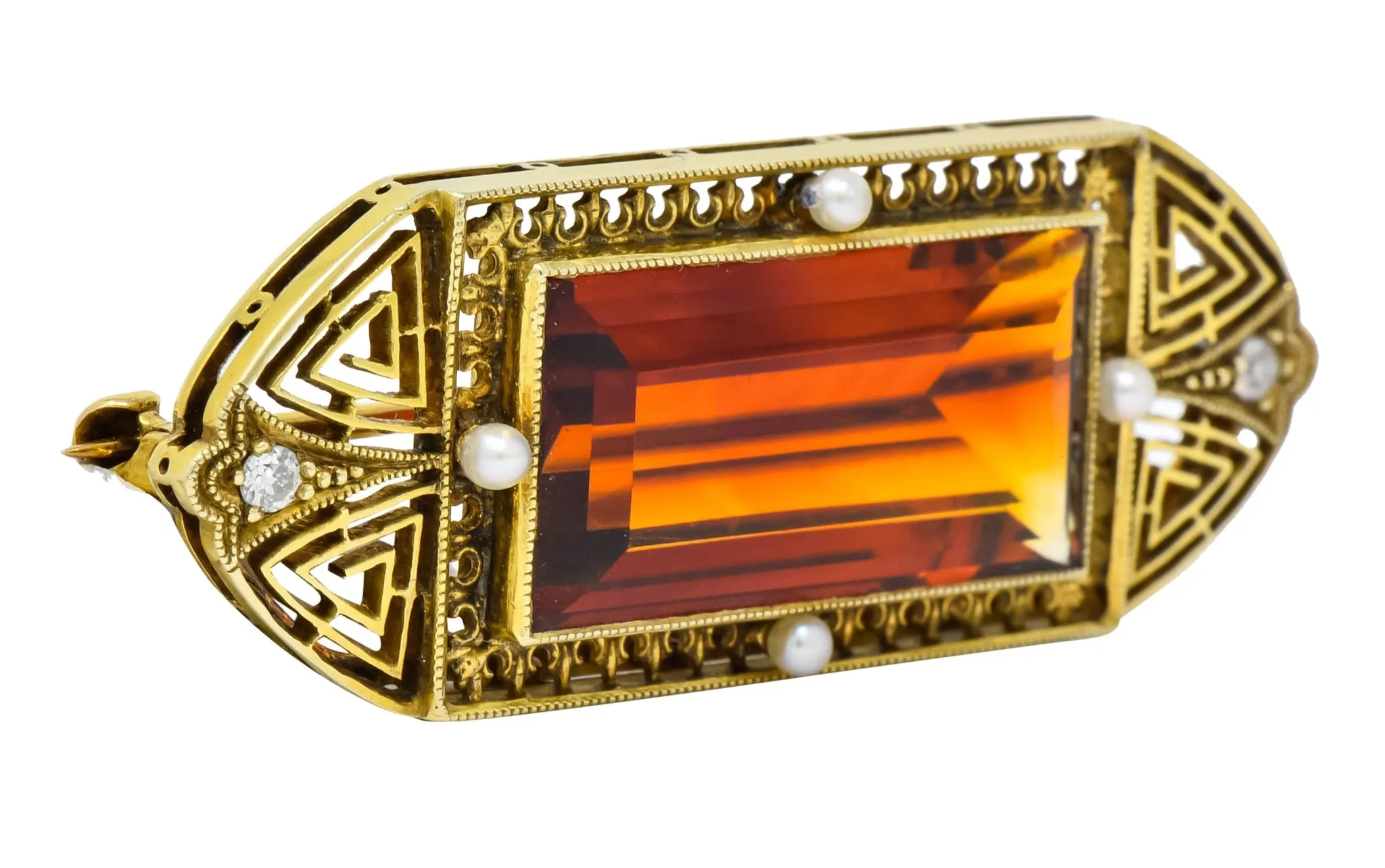 Walton & Co. Art Deco 10.46 CTW Citrine Pearl Diamond 14 Karat Gold Brooch