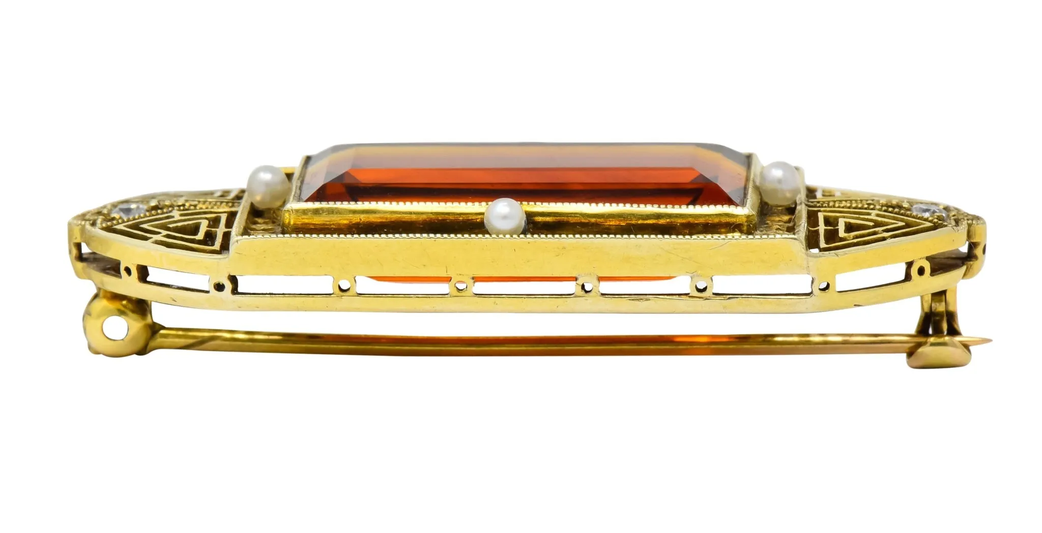 Walton & Co. Art Deco 10.46 CTW Citrine Pearl Diamond 14 Karat Gold Brooch