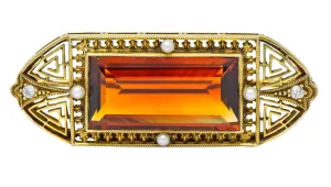 Walton & Co. Art Deco 10.46 CTW Citrine Pearl Diamond 14 Karat Gold Brooch